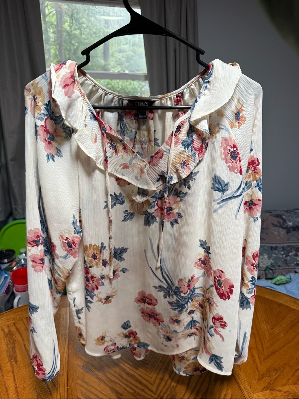 Chaps Cream Floral Ruffle-Neck Long Sleeve Blouse